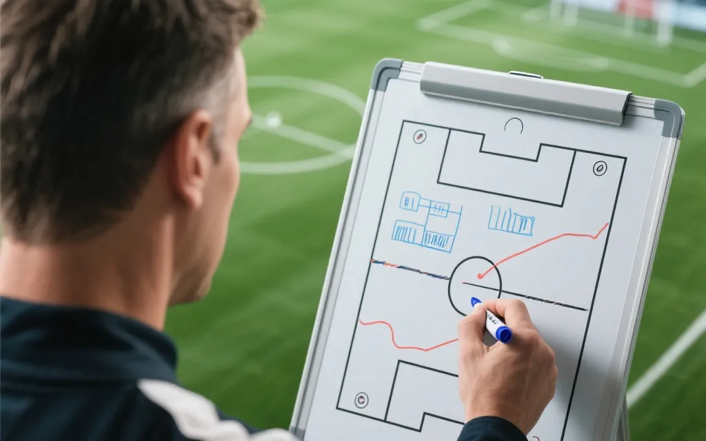 教练战术板与球场俯视图，呈现预测框架的视觉概念